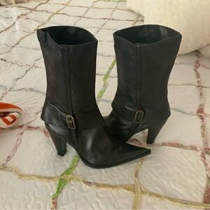 Paola Frani Black Leather Mid-Calf Heel Boots with Folded Cuff